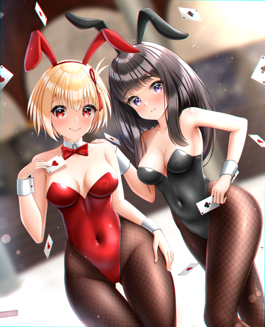 2girls absurdres ace_(playing_card) ace_of_clubs ace_of_hearts ace_of_spades animal_ears black_hair black_leotard blonde_hair bow bowtie breasts card cleavage club_(shape) commission covered_navel detached_collar dutch_angle fishnet_pantyhose fishnets heart highres inoue_takina itacho_(itasha_draws) leotard long_hair lycoris_recoil medium_breasts multiple_girls nishikigi_chisato pantyhose playboy_bunny playing_card purple_eyes rabbit_ears red_bow red_bowtie red_eyes red_leotard short_hair spade_(shape) thigh_gap wrist_cuffs
