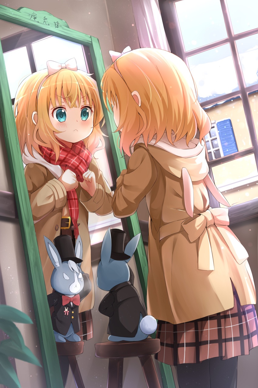 1girl absurdres animal belt black_headwear black_jacket black_pantyhose blonde_hair blue_eyes blush bow brown_belt brown_coat brown_skirt chair closed_mouth clothed_animal coat commentary_request fringe_trim gochuumon_wa_usagi_desu_ka? hairband hat highres indoors jacket kirima_syaro long_sleeves mirror pantyhose pleated_skirt rabbit red_bow red_scarf reflection revision scarf short_hair skirt stick_jitb top_hat white_hairband wild_geese window