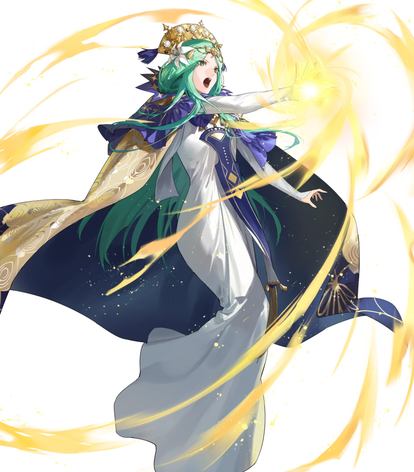 1girl aqua_hair cape crown dress fire_emblem fire_emblem:_three_houses fire_emblem_heroes flower full_body gold_trim green_eyes hair_ornament hand_up highres jewelry long_dress long_hair long_skirt long_sleeves looking_at_viewer looking_away magic non-web_source official_art open_mouth parted_bangs rhea_(fire_emblem) skirt solo teeth transparent_background upper_teeth_only white_dress zonotaida