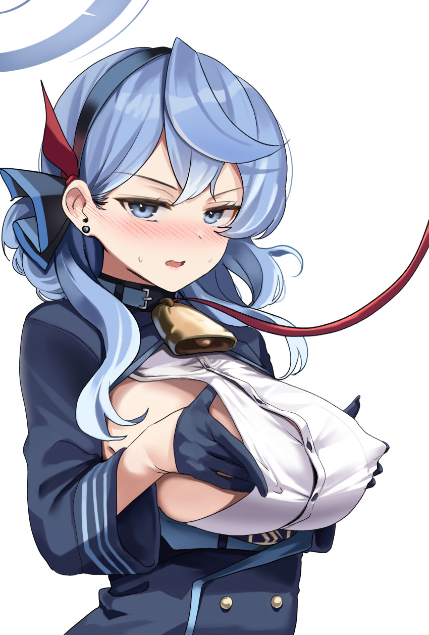 1girl absurdres ako_(blue_archive) bell belt belt_collar black_gloves blue_archive blue_eyes blue_hair blush breasts collar commentary_request dvdraw earrings gloves hair_between_eyes hairband half_gloves halo hands_on_own_chest highres jewelry leash long_hair long_sleeves looking_at_viewer neck_bell parted_lips sideboob sidelocks solo sweat sweating_profusely white_background