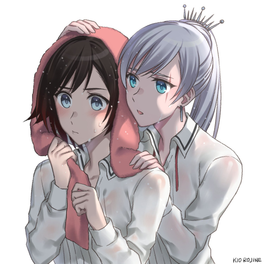 2girls artist_name black_hair blue_eyes blush earrings hand_on_another's_head hand_on_another's_shoulder highres jewelry kio_rojine long_sleeves multiple_girls ruby_rose rwby scar scar_across_eye shirt short_hair side_ponytail tiara towel towel_on_head weiss_schnee wet wet_clothes wet_hair wet_shirt white_background white_hair