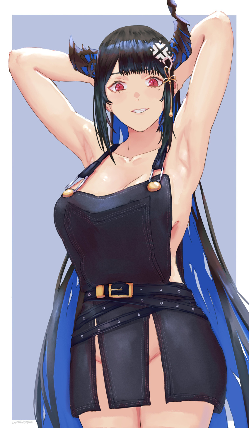 1girl absurdres arm_behind_head arm_up armpits asymmetrical_horns belt black_belt black_hair black_overalls blue_hair breasts cleavage colored_inner_hair demon_horns erasorpepero highres hololive hololive_english horns large_breasts long_hair mole mole_under_eye multicolored_hair nerissa_ravencroft overalls red_eyes smile solo virtual_youtuber