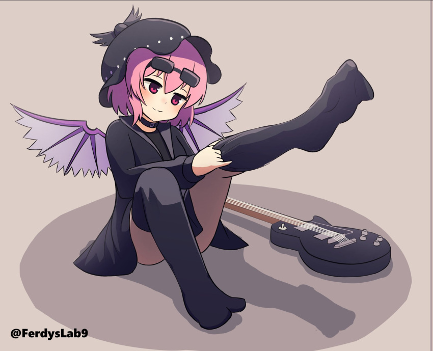 1girl alternate_costume bird_wings black_headwear black_thighhighs choujuu_gigaku closed_mouth commentary commission electric_guitar english_commentary eyewear_on_head ferdy's_lab full_body guitar hat highres instrument mob_cap mystia_lorelei pink_eyes pink_hair short_hair sitting smile solo sunglasses thighhighs touhou wings