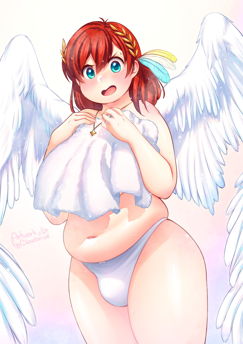 1girl absurdres angel_wings aqua_eyes artist_name bad_id bad_twitter_id blush breasts bulge cloudxmoe commentary_request commission cowboy_shot english_text feather_hair_ornament feathered_wings feathers futanari gradient_background hair_ornament highres jewelry large_breasts looking_at_viewer medium_hair muffin_top navel necklace open_mouth original panties pink_background plump purple_background red_hair sierra_(ramzyuu) simple_background solo spanish_commentary sweat tareme thick_thighs thighs underwear variant_set white_panties wings