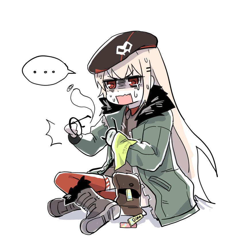 ... ^^^ absurdres beret blonde_hair boots broken_eyewear brown_bag brown_footwear brown_shirt chewing_gum commentary crossed_legs dbeod128 eyewear_removed full_body fur-trimmed_jacket fur_trim girls'_frontline giving_up_the_ghost green_jacket hair_ornament hairclip half-closed_eyes hat highres holding holding_cloth holding_eyewear jacket korean_commentary korean_text long_hair mod3_(girls'_frontline) open_mouth pouch red_eyes red_thighhighs round_eyewear shirt simple_background sitting sketch skull_ornament spoken_ellipsis sweat sweating_profusely tears thighhighs translation_request turn_pale type_80_(girls'_frontline) very_long_hair wavy_mouth white_background