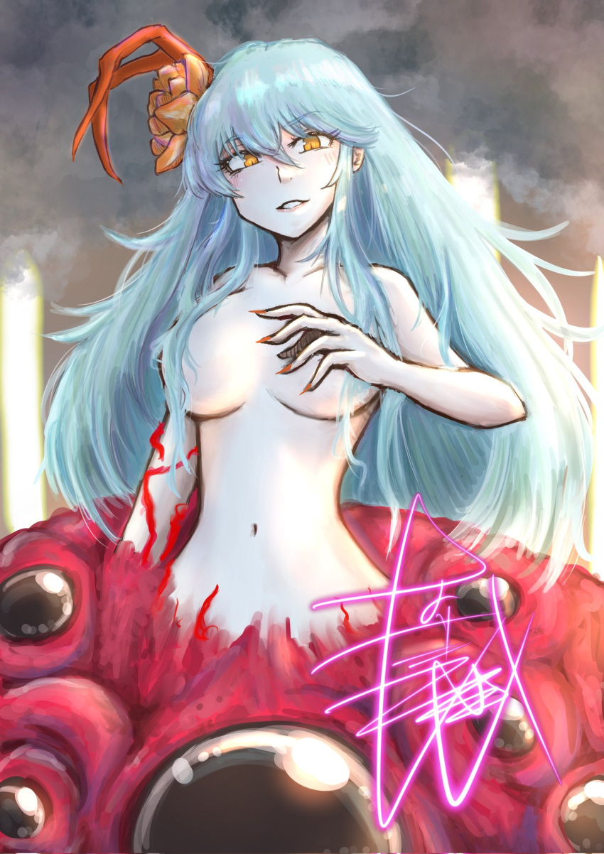 1girl blue_hair breasts commission convenient_censoring flower hair_censor hair_flower hair_ornament highres kaerekiko long_hair looking_at_viewer monster_girl nail_polish navel original parted_lips red_nails signature skeb_commission solo teeth topless yellow_eyes