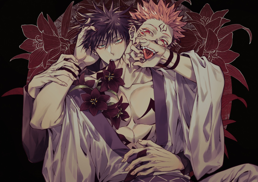 2boys abs absurdres arm_tattoo azukiharuta_ju black_background black_hair black_jacket black_nails chest_tattoo collarbone commentary_request extra_eyes facial_tattoo flower fushiguro_megumi green_eyes hand_mouth hand_on_another's_head highres jacket japanese_clothes jujutsu_kaisen kimono long_sleeves looking_at_viewer male_focus multiple_boys muscular pectorals pink_hair red_eyes ryoumen_sukuna_(jujutsu_kaisen) short_hair sitting smile spiked_hair tattoo teeth tongue tongue_out tongue_tattoo white_kimono wide_sleeves yaoi