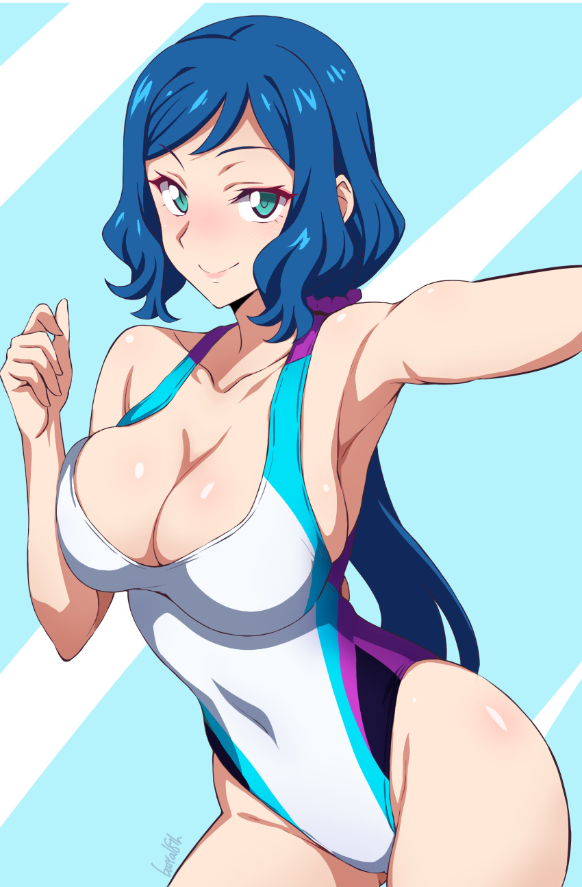 1girl absurdres aqua_eyes armpits batta_16-sei blue_background blue_hair blush breasts cleavage closed_mouth commentary competition_swimsuit covered_navel cowboy_shot gundam gundam_build_fighters highres iori_rinko large_breasts long_hair looking_at_viewer low_ponytail mature_female multicolored_clothes multicolored_swimsuit one-piece_swimsuit outstretched_arm parted_bangs ponytail scrunchie signature simple_background smile solo standing swimsuit white_one-piece_swimsuit