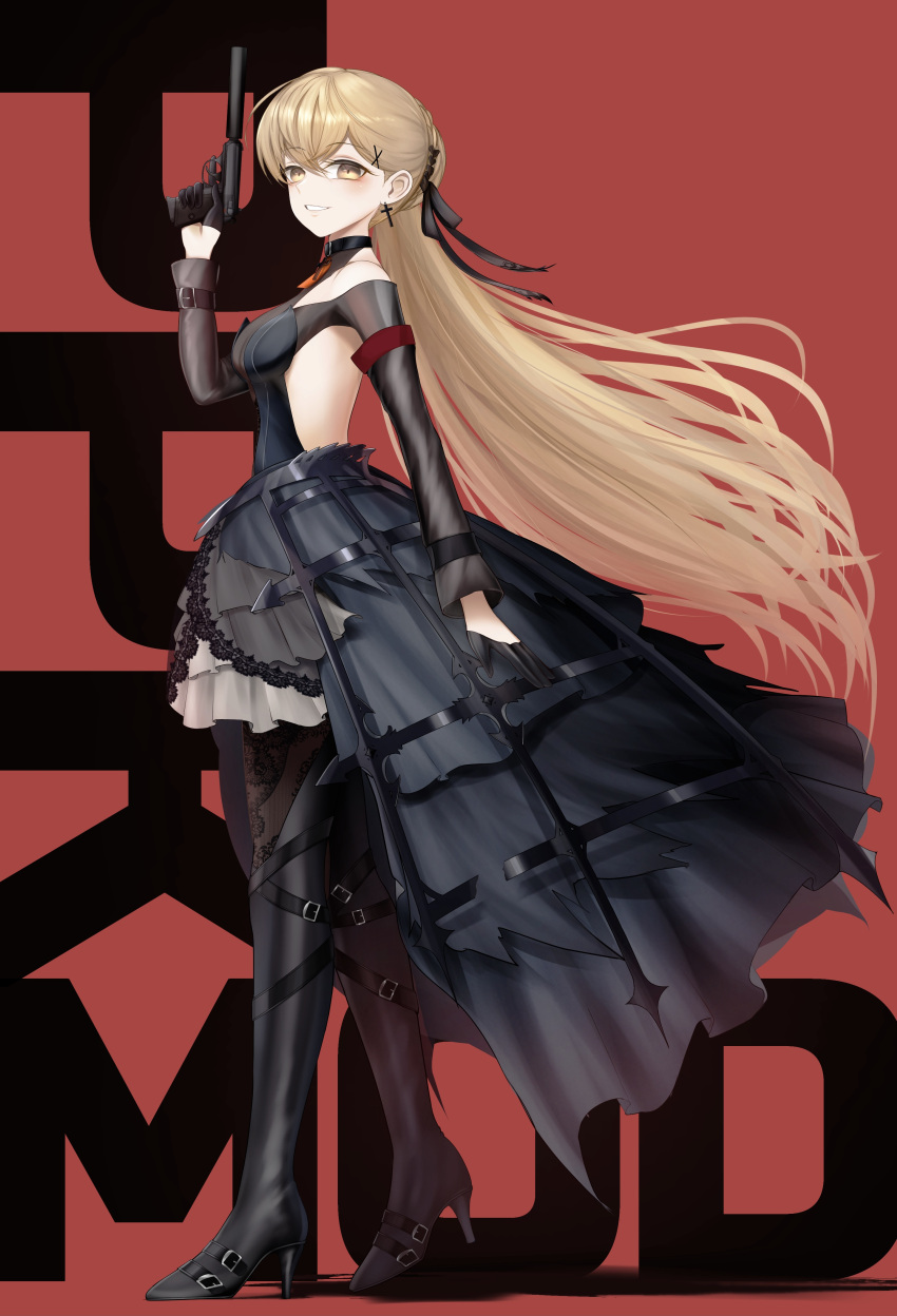 1girl absurdres backless_dress backless_outfit bare_shoulders black_gloves blonde_hair blush boots breasts crinoline cross cross_earrings dress earrings from_side full_body girls'_frontline gloves guchagucha gun hair_ornament hair_ribbon hairclip half_gloves handgun high_heel_boots high_heels highres jewelry long_hair looking_at_viewer medium_breasts parted_lips ppk_(girls'_frontline) ppk_(mod3)_(girls'_frontline) ribbon smile solo suppressor thigh_boots trigger_discipline very_long_hair walther walther_ppk weapon yellow_eyes