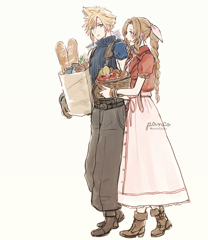 1boy 1girl aerith_gainsborough ancotsubu armor artist_name bag baggy_pants baguette bangle basket belt black_footwear black_pants blonde_hair blue_shirt boots bracelet braid braided_ponytail bread brown_footwear brown_gloves brown_hair buster_sword cloud_strife cropped_jacket dress final_fantasy final_fantasy_vii final_fantasy_vii_remake food full_body gloves groceries grocery_bag hair_ribbon highres holding holding_bag holding_basket jacket jewelry long_dress long_hair looking_at_another multiple_belts pants parted_bangs parted_lips pink_dress pink_ribbon puffy_short_sleeves puffy_sleeves red_jacket ribbon shirt shopping_bag short_hair short_sleeves shoulder_armor sidelocks single_bare_shoulder single_braid sketch sleeveless sleeveless_turtleneck smile spiked_hair suspenders tomato turtleneck twitter_username walking wavy_hair weapon weapon_on_back