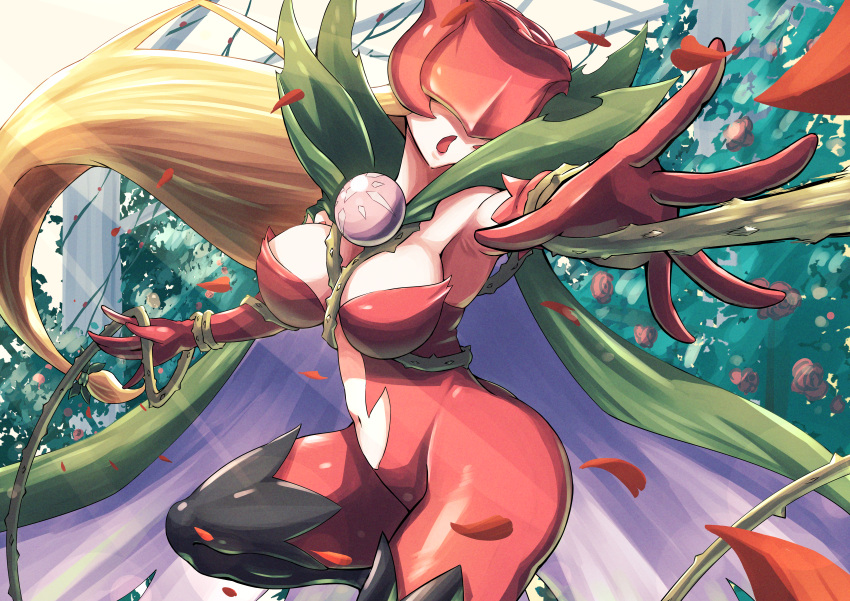 1girl absurdres armpits bare_shoulders black_footwear blonde_hair bodysuit boots breasts brooch cape cleavage clothing_cutout commentary covered_eyes cowboy_shot digimon digimon_(creature) elbow_gloves falling_petals floating_hair flower gloves green_cape hair_flower hair_ornament highres holding holding_whip jewelry kotatsu_(nukunuku) large_breasts lipstick long_hair low-tied_long_hair makeup mask navel navel_cutout open_mouth petals pillar plant red_bodysuit red_gloves rose_bush rosemon solo standing standing_on_one_leg thigh_boots thorns vine_whip vines whip