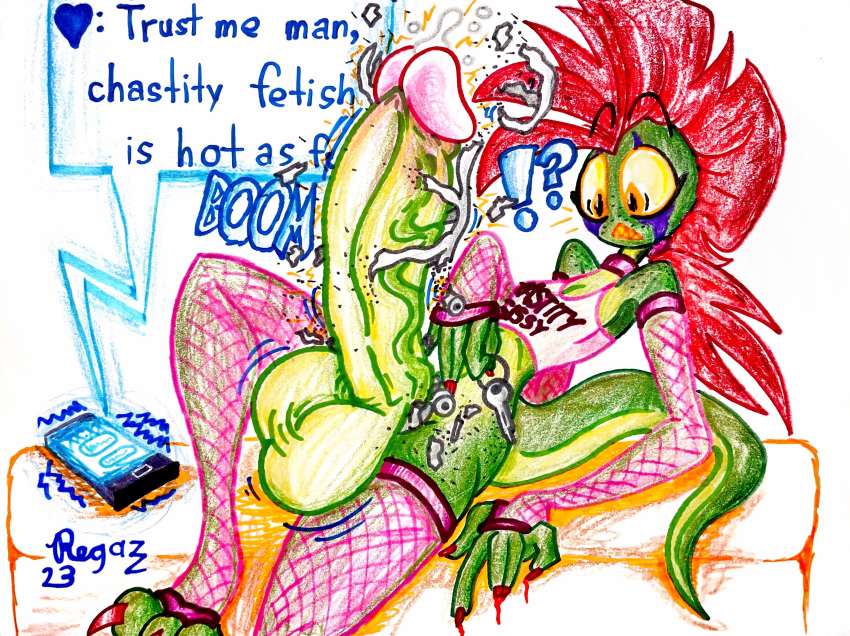 absurd_res animal_humanoid anthro ash_(g-h-) big_penis bodily_fluids broken_chastity_cage cellphone chastity_cage chastity_device choker clothing colored_nails cum exclamation_point exploding_clothing fishnet genital_fluids genitals girly green_body hair hi_res huge_penis humanoid hyper hyper_genitalia hyper_penis jewelry key lizard lizard_humanoid male mattress mohawk nails necklace onomatopoeia penis pervnamedregazz phone pink_clothing ponytail purple_makeup question_mark red_hair reptile reptile_humanoid scalie scalie_humanoid shirt skinny solo sound_effects speech_bubble tail tank_top text text_box text_message topwear yellow_sclera yellow_teeth