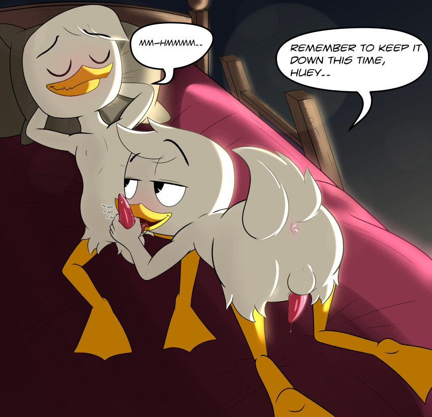 absurd_res anatid anseriform avian avian_penis bed bird blush brother_(lore) brothers_(lore) butt dialogue disney duck ducktales ducktales_(2017) duo eyes_closed furniture hi_res huey_duck incest_(lore) limettin louie_duck male oral sibling_(lore)