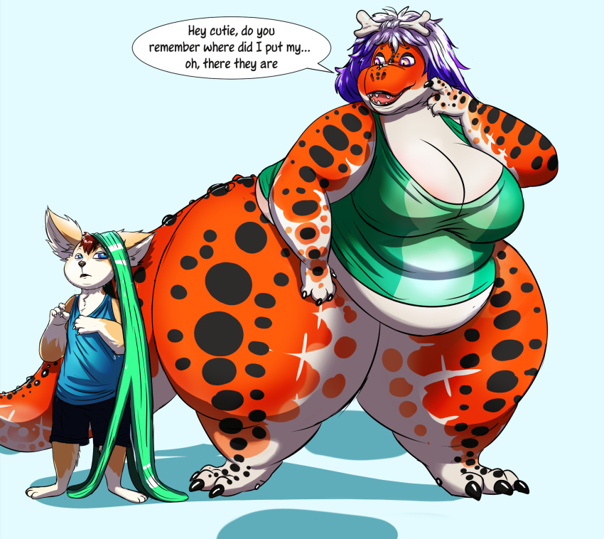 2020 anthro belly big_breasts bodily_fluids bone bone_in_hair bottomless bottomless_anthro bottomless_female bottomwear breasts canid canine claws cleavage clothed clothing dialogue dinosaur duo fangs female fennec fox fur hair hi_res loki_(shenzel) looking_at_another male mammal open_mouth overweight overweight_anthro panties reptile scales scalie shenzel shirt shorts size_difference speech_bubble standing sweat teeth text theropod thick_thighs toe_claws tongue topwear trinity_(shenzel) tyrannosaurid tyrannosaurus tyrannosaurus_rex underwear underwear_on_head wide_hips