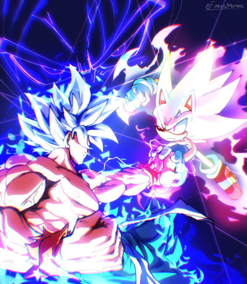 2boys aura battle dragon_ball dragon_ball_super electricity funnismonkis glowing grey_hair highres hyper_sonic multiple_boys muscular muscular_male serious son_goku sonic_(series) sonic_the_hedgehog spiked_hair topless_male trait_connection ultra_instinct