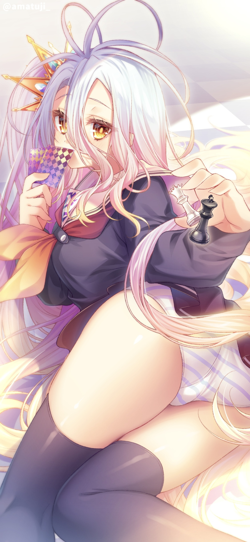 1girl absurdres amatsuji ascot ass bad_anatomy black_shirt black_skirt black_thighhighs blurry blush breasts card checkered_floor chess_piece commentary_request covering_mouth crown depth_of_field eyelashes eyes_visible_through_hair foreshortening from_behind gradient_hair grey_hair hair_between_eyes hair_spread_out hand_up highres holding holding_card knees_together_feet_apart long_hair looking_at_viewer looking_back messy_hair mini_crown miniskirt multicolored_hair no_game_no_life panties pantyshot pink_hair pleated_skirt red_ascot sailor_collar school_uniform serafuku shiro_(no_game_no_life) shirt skindentation skirt small_breasts solo striped striped_panties thighhighs thighs twitter_username underwear uniform very_long_hair white_panties white_sailor_collar yellow_eyes zettai_ryouiki