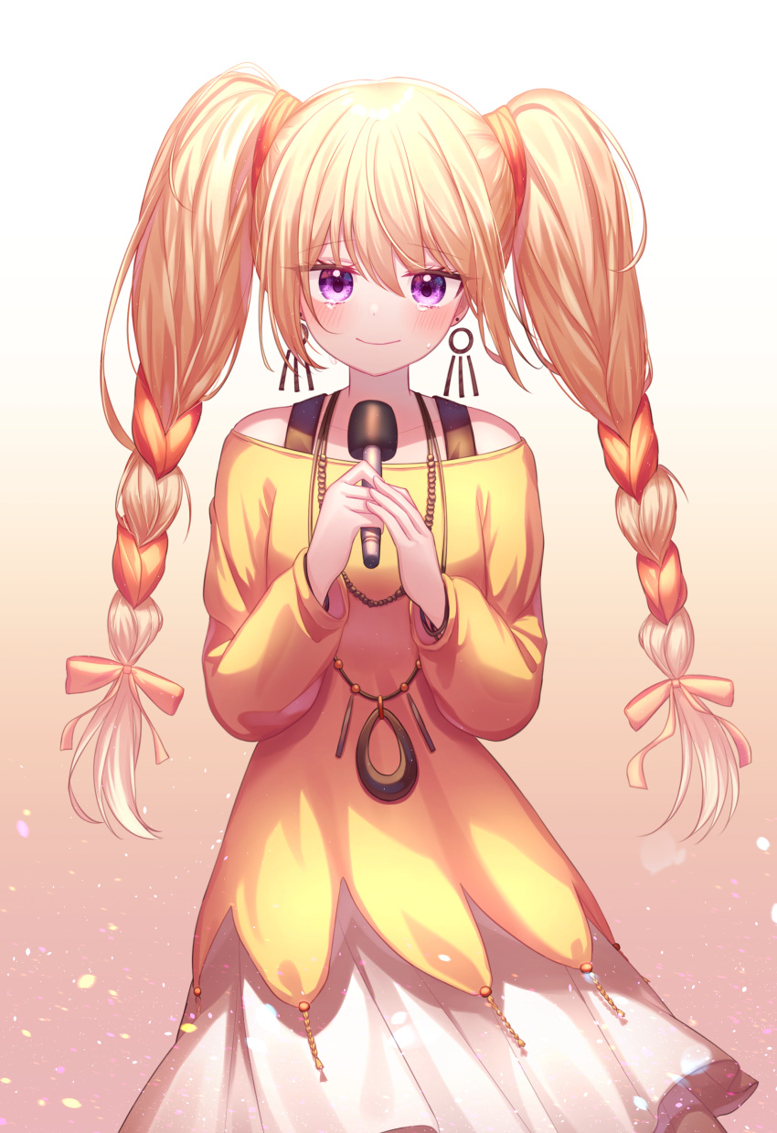 1girl absurdres bannie_(bom4819) blonde_hair blush braid closed_mouth dress earrings hair_ribbon highres holding holding_microphone hoshina_utau jewelry long_hair long_sleeves looking_at_viewer microphone necklace off-shoulder_dress off_shoulder orange_ribbon purple_eyes ribbon shugo_chara! smile solo twin_braids yellow_dress