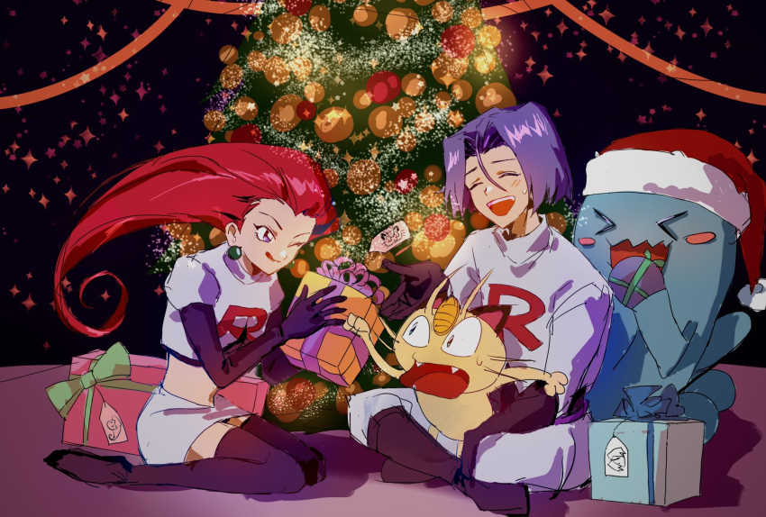 1boy 1girl :d black_footwear blue_eyes blue_hair blush boots christmas_tree crop_top crossed_legs earrings elbow_gloves gift gloves hair_slicked_back highres james_(pokemon) jessie_(pokemon) jewelry meowth open_mouth pokemon pokemon_(anime) pokemon_(classic_anime) red_hair sherryyou short_hair sitting sketch smile sweatdrop team_rocket team_rocket_uniform thigh_boots wobbuffet