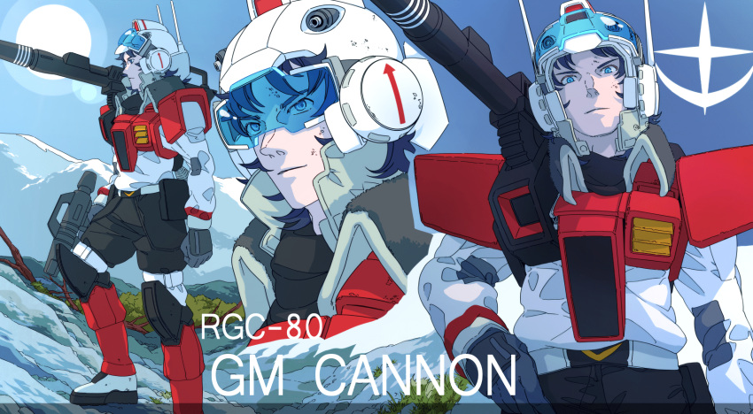 1boy 8823 armor assault_visor black_hair black_pants blue_eyes blue_sky boots character_name collared_jacket day earth_federation energy_gun gloves gm_cannon grey_gloves gun gundam gundam_msv helmet highres holding holding_gun holding_weapon humanization jacket leg_armor long_sleeves looking_at_viewer looking_away male_focus mecha_danshi multiple_views outdoors pants shoulder_cannon sky smile sun thrusters tree weapon white_footwear white_jacket