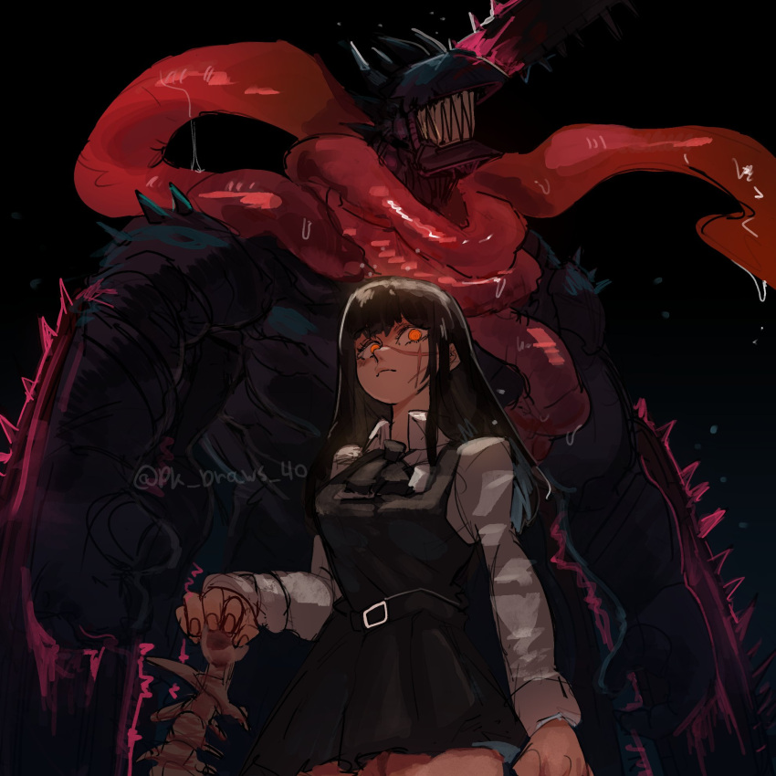 1girl 1other black_hair chainsaw chainsaw_devil chainsaw_man cross_scar dark_background dress facing_away fourth_east_high_school_uniform highres intestine_clothing intestines long_hair looking_at_viewer orange_eyes pinafore_dress pk_draws_40 ringed_eyes scar scar_on_cheek scar_on_face scarf school_uniform sharp_teeth sleeveless sleeveless_dress spine teeth twitter_username yoru_(chainsaw_man)