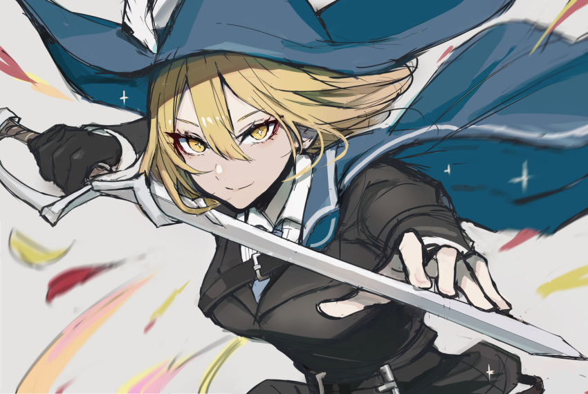 1girl belt black_belt black_gloves black_jacket black_pants blonde_hair blue_cape blue_headwear cape chuhaibane closed_mouth collared_shirt don_quixote_(limbus_company) gloves hand_on_weapon hands_up highres holding holding_sword holding_weapon jacket limbus_company looking_at_viewer pants project_moon shirt short_hair smile solo sparkling_eyes sword weapon white_shirt yellow_eyes