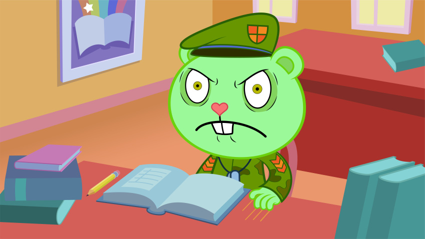 absurd_res angry bear book clothing culu-bluebeaver digital_drawing_(artwork) digital_media_(artwork) flippy_(htf) grumpy happy_tree_friends hi_res inside library male mammal pencil_(object) png_file solo toony uniform vector vector_art