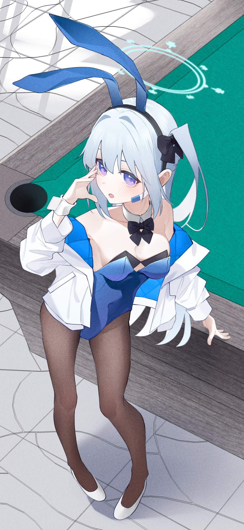 1girl absurdres alternate_costume animal_ears anohito401 armpits bare_shoulders billiards black_bow black_bowtie black_pantyhose blue_archive blue_hair blue_halo blue_leotard blush bow bowtie breasts cleavage collar contrapposto detached_collar earpiece fake_animal_ears full_body hair_intakes halo hand_on_table hand_up high_heels highleg highleg_leotard highres jacket leotard light_blue_hair long_sleeves medium_breasts miyako_(blue_archive) off_shoulder one_side_up open_clothes open_jacket open_mouth pantyhose puffy_long_sleeves puffy_sleeves purple_eyes rabbit_ears rabbit_tail standing strapless strapless_leotard tail white_collar white_footwear white_jacket white_wrist_cuffs