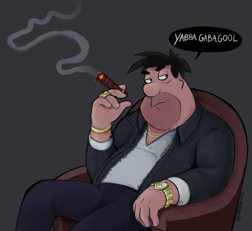 1boy black_hair black_jacket chair cigar dark_blue_pants english_text facial_hair fred_flintstone grey_background holding holding_cigar jacket jewelry looking_to_the_side on_chair open_clothes open_jacket ring shadman shirt short_hair simple_background sitting solo speech_bubble stubble the_flintstones watch white_shirt wristwatch