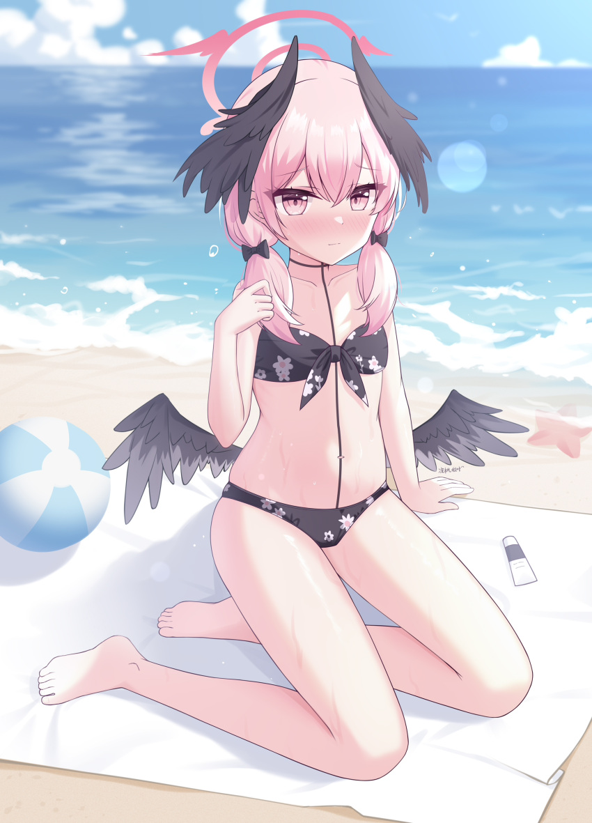 1girl absurdres arm_support ball bare_arms bare_shoulders beach beachball bikini black_bikini black_choker black_wings blanket blue_archive blue_sky blush choker closed_mouth cloud collarbone commentary_request day feathered_wings floral_print hair_between_eyes hair_over_shoulder halo head_wings highres horizon koharu_(blue_archive) koharu_(swimsuit)_(blue_archive) liang_feng_qui_ye long_hair looking_at_viewer low_twintails navel nose_blush ocean outdoors pink_eyes pink_hair print_bikini revision sand sitting sky solo starfish swimsuit translation_request twintails water wings yokozuwari