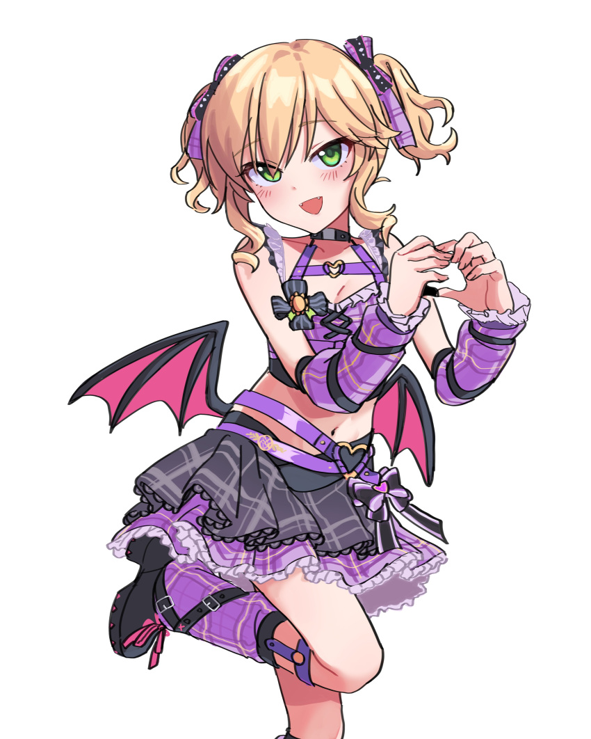 1girl absurdres bean_tan black_choker black_footwear blonde_hair blush bow breasts checkered_clothes choker cleavage cross-laced_clothes cross-laced_top demon_wings detached_sleeves fangs frilled_shirt frills green_eyes hair_bow hand_up heart heart_hands highres idolmaster idolmaster_cinderella_girls idolmaster_cinderella_girls_starlight_stage layered_skirt looking_at_viewer low_wings medium_hair midriff navel official_alternate_costume open_mouth purple_bow purple_leg_warmers purple_shirt purple_skirt purple_sleeves sakurai_momoka shirt sidelocks skirt small_breasts smile solo standing standing_on_one_leg thighs twintails wavy_hair white_background wings