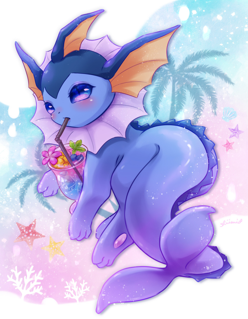 animal_focus blueberry blush coral drinking_straw drinking_straw_in_mouth eyelashes flower food from_behind fruit highres ice ice_cube leaf no_humans palm_tree pawpads pink_flower pokemon pokemon_(creature) purple_eyes shii_(no-va_could) signature solo starfish tree tropical_drink vaporeon