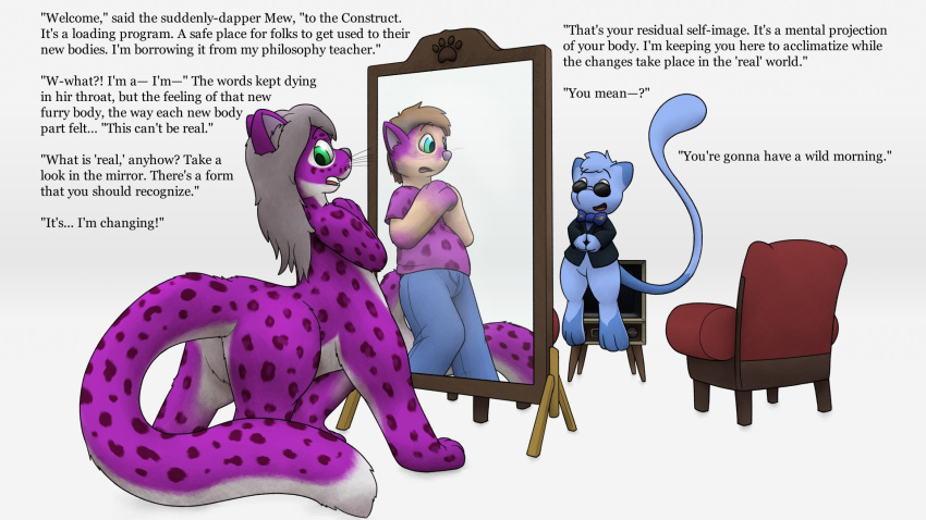 2023 after_transformation ambiguous_gender blue_body blue_fur chair chris_(crizbn) crizbn dialogue duo english_text felid felid_taur feral fur furniture generation_1_pokemon grey_hair hair head_tuft hi_res human legendary_pokemon long_tail male_(lore) mammal mammal_taur mew_(pokemon) mirror mirror_reflection nintendo open_mouth pantherine pantherine_taur pink_body pink_fur pokemon pokemon_(species) reflection shiny_pokemon simple_background snow_leopard snow_leopard_taur story surprised_expression tail taur television_monitor text the_matrix transformation tuft white_void