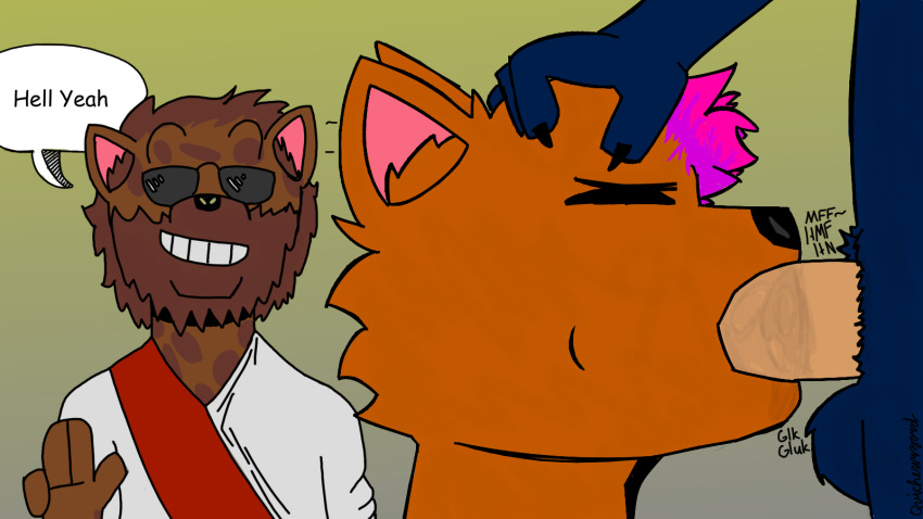 ambiguous_species anthro beard blue_body blue_fur brown_body brown_fur canid canine cheek_bulge cheek_tuft clothed clothing duo dyed_fur eyewear face_fucking facial_hair facial_tuft fellatio fox fur group hair hair_grab hand_on_head head_grab hi_res highlights_(coloring) hyena inner_ear_fluff irrumatio jesus_christ light light_beam male male/male mammal nude onomatopoeia oral orange_body orange_fur penile quichewizard religion sash sex signature sound_effects sunbeam sunglasses sunlight text toothy_grin touching_hair trio tuft