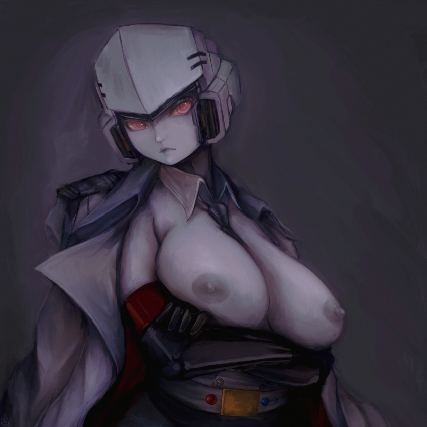 1:1 big_breasts black_clothing black_gloves black_handwear breasts clothing coat crossed_arms crossgender exposed_breasts f15sharkfinsoup female frown gloves grey_body grey_clothing grey_coat grey_skin grey_topwear handwear hasbro hi_res humanoid looking_at_viewer machine megatron necktie nipples red_eyes robot solo takara_tomy topwear transformers