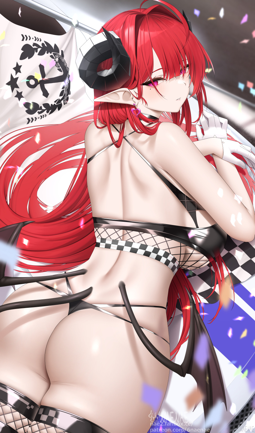 1girl absurdres ass azur_lane bare_arms bare_shoulders black_panties breasts closed_mouth earrings flag fouriasensei from_behind gloves hair_intakes heart heart_earrings highres hindenburg_(azur_lane) horns jewelry long_hair looking_at_viewer looking_back low_wings mole mole_under_eye panties pointy_ears race_queen red_eyes red_hair see-through solo thighhighs thong underwear white_gloves wings