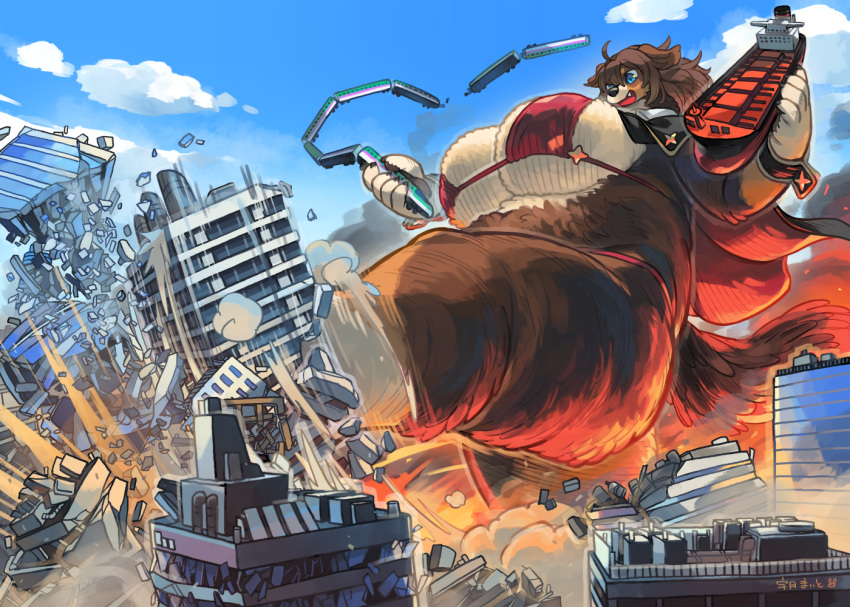2023 2d_(artwork) agent_foggy_(osaki_eru) anthro bernese_mountain_dog big_breasts bikini boots_(marking) breasts brown_body brown_fur brown_hair building building_destruction canid canine canis cape city city_destruction clothed clothing cloud colored countershade_torso countershading cuff_links day destruction domestic_dog dust_cloud feet female fire floppy_ears foot_markings fur furry_tail hair holding_vehicle huge_breasts huge_thighs jacket kick leg_markings mammal markings merchant_ship messy_hair molosser motion_lines mountain_dog obese obese_anthro obese_female open_clothing open_jacket open_topwear outside overweight overweight_anthro overweight_female red_bikini red_clothing red_swimwear ship shirt_cuffs shockwave sky skyscraper smoke solo star_polygon swimwear swiss_mountain_dog tail tanker_(ship) thick_thighs topwear train utsuki_maito vehicle vehicle_destruction watercraft white_body white_fur