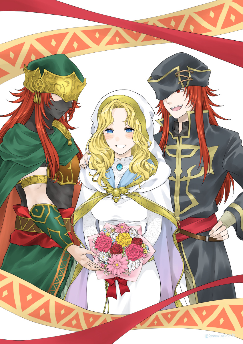 1girl 2boys absurdres black_coat blonde_hair blue_eyes blush bouquet cape coat dress fire_emblem fire_emblem:_the_sacred_stones fire_emblem_heroes green_cape grin hetero highres holding holding_bouquet joshua_(fire_emblem) joshua_(resolute_tempest)_(fire_emblem) long_hair midori_no_baku multiple_boys multiple_persona natasha_(fire_emblem) red_eyes red_hair smile white_dress