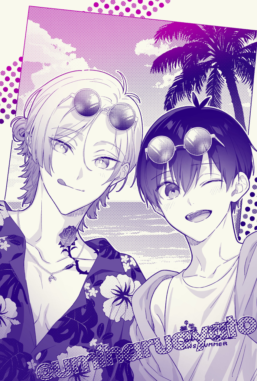 2boys :q absurdres blue_lock closed_mouth collarbone flower_tattoo glasses hawaiian_shirt highres isagi_yoichi jacket jewelry long_hair looking_at_viewer male_focus michael_kaiser monochrome multiple_boys neck_tattoo necklace one_eye_closed open_mouth palm_tree partially_unbuttoned pectoral_cleavage pectorals round_eyewear shirt short_hair smile tank_top tattoo tongue tongue_out tree tsurime twitter_username umiharuayato upper_body