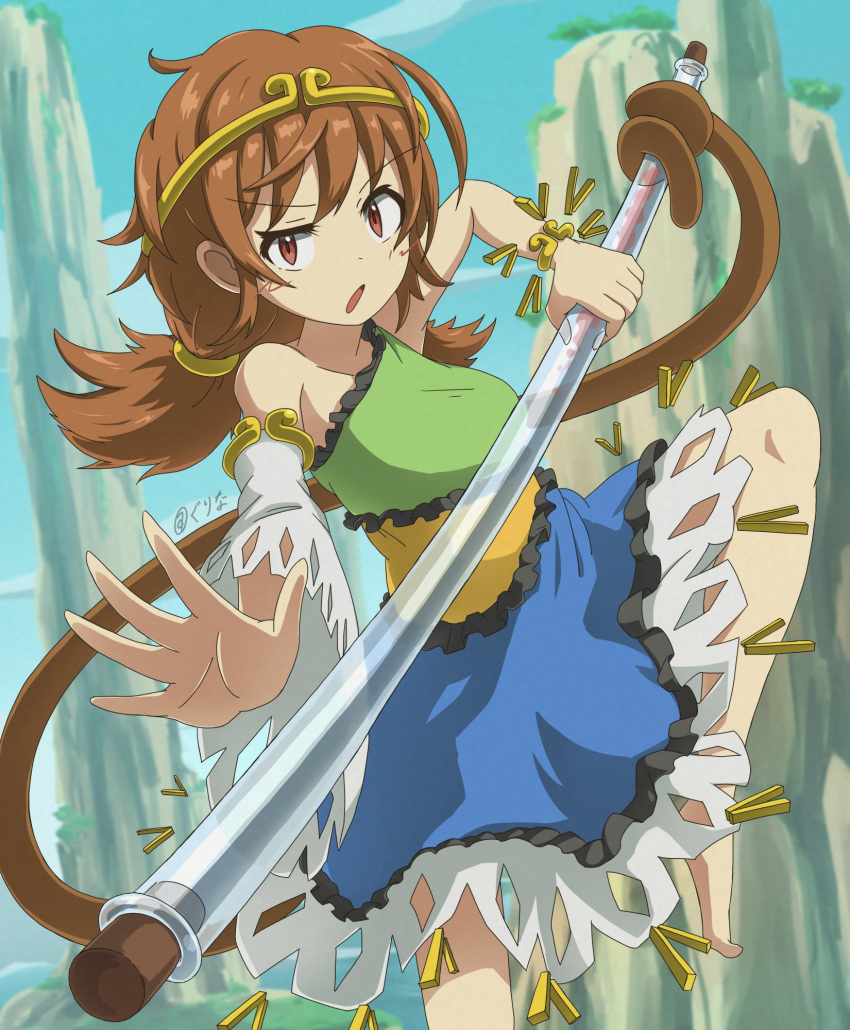 1girl bangle bare_shoulders barefoot blue_dress blue_sky bracelet brown_eyes brown_hair circlet cloud collarbone commentary_request copyright_request dragon_ball dress eyelashes frilled_dress frills green_dress gurina_15 highres holding holding_staff jewelry leg_up long_sleeves looking_at_viewer low_twintails medium_hair monkey_tail mountain multicolored_clothes multicolored_dress open_mouth outdoors outstretched_arm parody prehensile_tail reaching retro_artstyle ruyi_jingu_bang short_dress single_sleeve single_strap sky sleeveless sleeveless_dress son_biten staff tail touhou twintails twitter_username wavy_eyebrows white_sleeves wide_sleeves yellow_dress