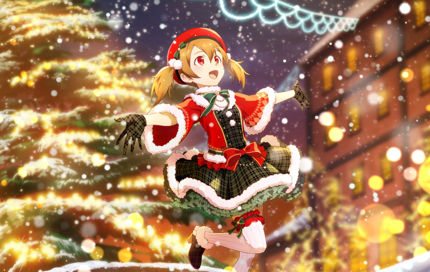 1girl :d alternate_costume blurry blurry_background bow brown_hair christmas_tree dress fur-trimmed_sleeves fur_trim gloves green_bow grey_gloves hair_between_eyes hat hat_bow layered_dress lens_flare long_hair looking_up open_mouth outstretched_arms plaid plaid_dress plaid_gloves red_eyes red_headwear short_dress short_twintails silica smile snowing solo standing standing_on_one_leg striped striped_thighhighs sword_art_online thighhighs twintails vertical-striped_thighhighs vertical_stripes white_thighhighs winter