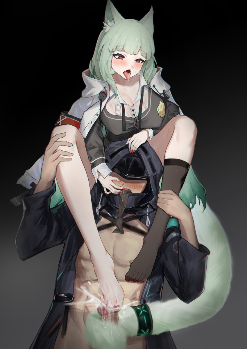 1boy 1girl animal_ear_fluff animal_ears arknights blush breasts cat_ears cat_girl cat_tail censored covered_nipples cum doctor_(arknights) ejaculation erection footjob green_eyes green_hair harmonie_(arknights) heart heart-shaped_pupils highres jacket jacket_on_shoulders kneehighs large_breasts long_hair long_sleeves mosaic_censoring open_mouth penis pink_nails sawaki_ken single_kneehigh single_sock socks symbol-shaped_pupils tail tailjob tongue tongue_out