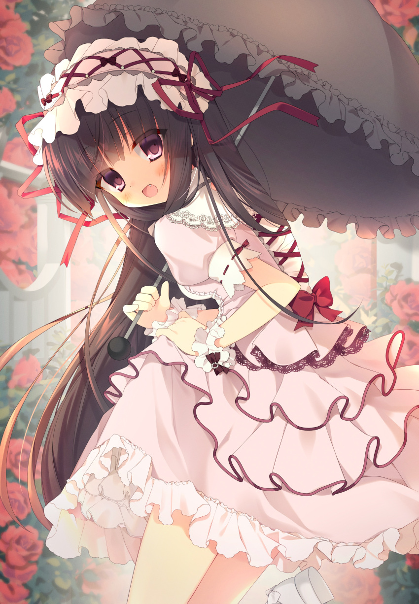 1girl :d absurdres black_hair blush cowboy_shot dress fang flower frilled_dress frills grey_umbrella hairband highres holding holding_umbrella inuofuton lolita_fashion lolita_hairband long_hair looking_at_viewer original parasol pink_dress purple_eyes ribbon-trimmed_sleeves ribbon_trim rose scrunchie short_sleeves smile solo umbrella wrist_scrunchie