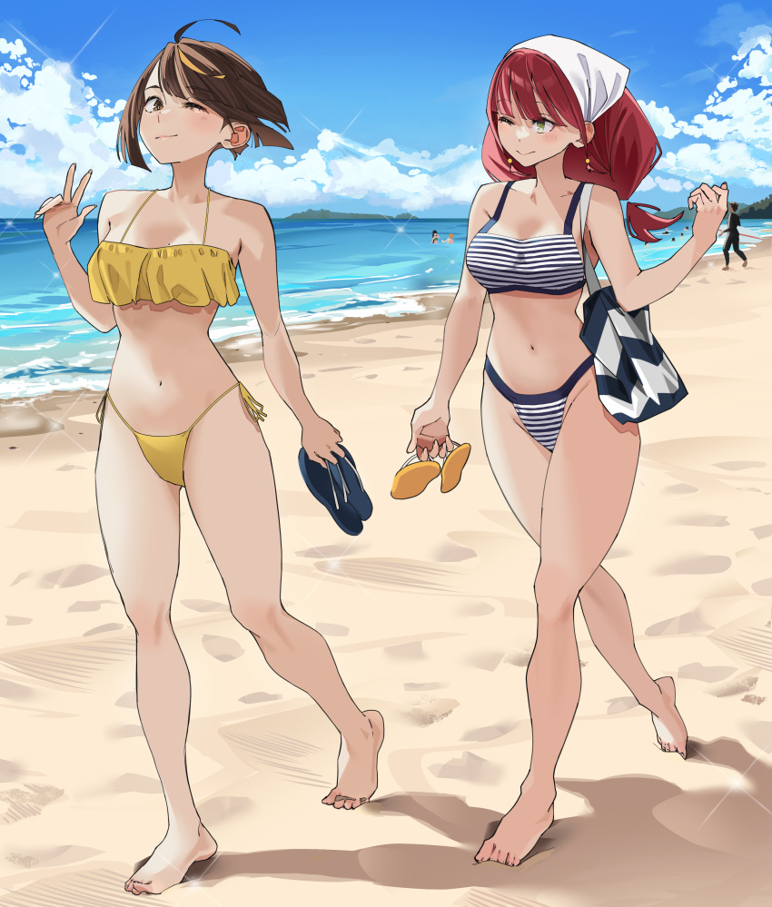 2girls :&gt; absurdres ahoge bag bandana bare_arms bare_legs bare_shoulders barefoot beach bikini blue_sky breasts brown_eyes brown_hair closed_mouth cloud cloudy_sky commentary commission day english_commentary feet flip-flops footprints frilled_bikini_top full_body green_eyes hand_up highres holding holding_clothes holding_footwear lewdrawings light_blush light_smile long_hair looking_at_viewer looking_to_the_side medium_breasts mole_on_chest multiple_girls navel ocean one_eye_closed original outdoors pixiv_commission red_hair sand sandals shadow shore short_hair shoulder_bag side-tie_bikini_bottom sky sparkle stomach string_bikini striped striped_bikini swimsuit toes w walking water white_bandana yellow_bikini