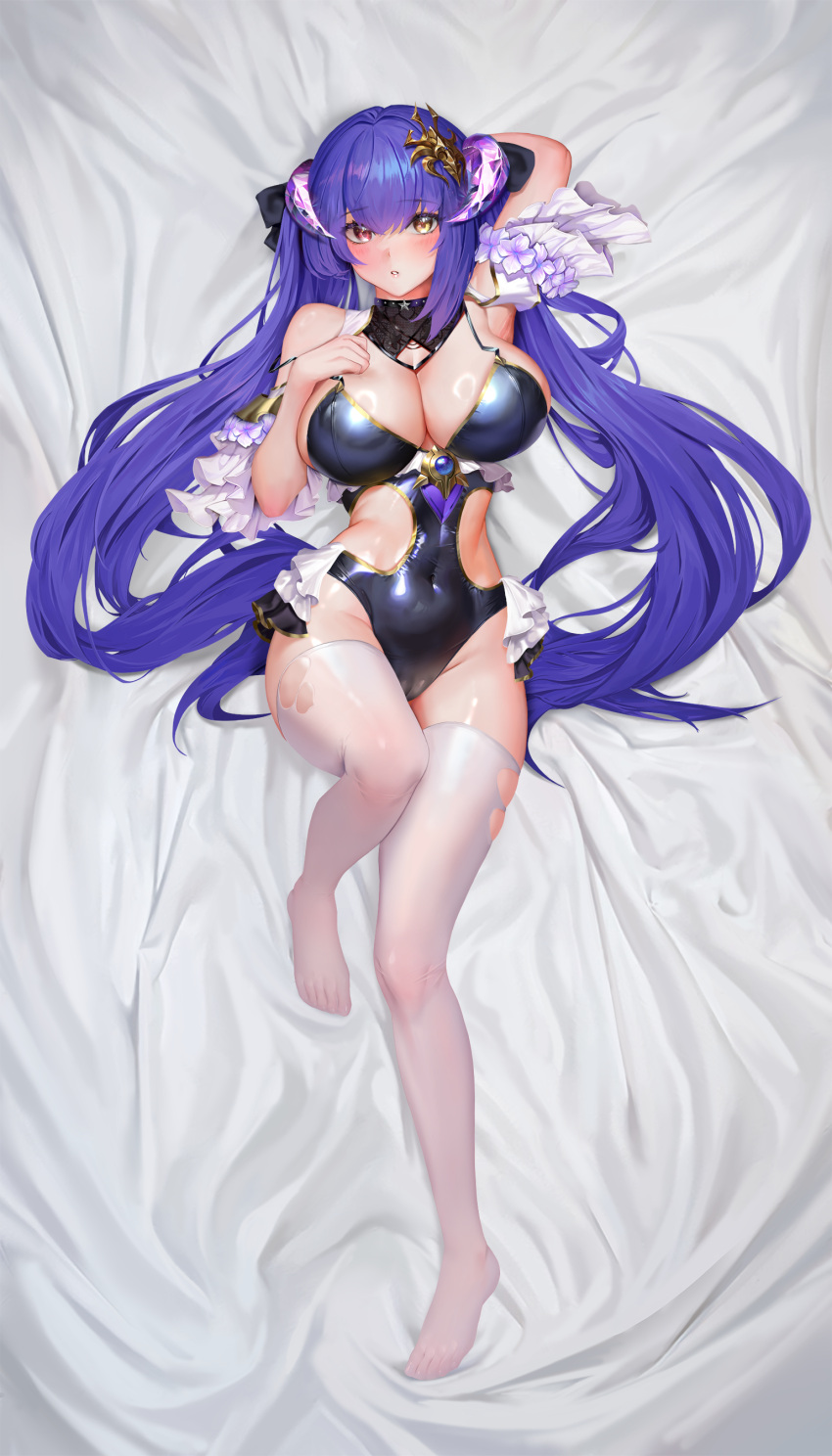 1girl absurdres arm_pillow armpits barefoot bed_sheet black_ribbon blush breasts cameltoe commission covered_navel full_body guurang hair_ornament hair_ribbon hand_on_own_chest heterochromia highres horns large_breasts legs leotard long_hair looking_at_viewer lying on_back original parted_lips purple_hair purple_horns pussy red_eyes ribbon solo thighhighs toes very_long_hair yellow_eyes