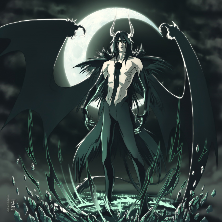 1boy 2010 anhellica arrancar artist_name aura bad_deviantart_id bad_id bat_wings black_fur black_hair black_wings bleach claws closed_mouth cloud cloudy_sky crack cracked_floor crescent_moon dated demon_boy demon_horns demon_tail demon_wings facial_mark full_body green_eyes highres horns looking_at_viewer male_focus moon night night_sky pectorals ribs rubble sky tail topless_male ulquiorra_cifer wings