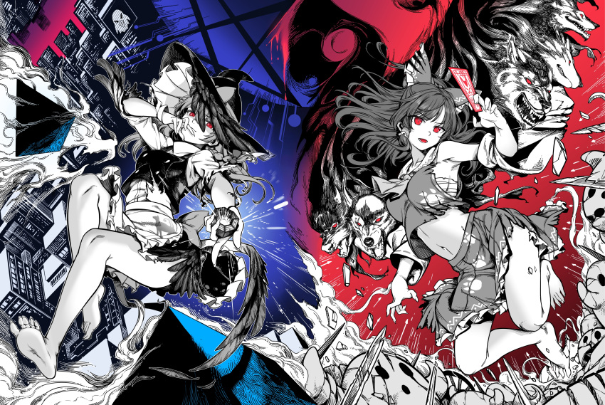 2girls absurdres animal_print apron arm_up armpits ascot back_bow barefoot bow breasts cat_print closed_mouth collared_vest commentary_request dated detached_sleeves eagle_spirit_(touhou) feathers frilled_bow frilled_hair_tubes frilled_skirt frills full_body hair_bow hair_tubes hakurei_reimu hand_up hands_up haniwa_(statue) hat hat_bow hat_feather highres holding holding_paper kirisame_marisa legs_up long_hair long_sleeves looking_at_viewer medium_breasts medium_hair mini-hakkero monochrome multiple_girls navel ofuda open_mouth paper partially_colored paw_print print_bow print_skirt print_vest qingwa_chi_she red_background red_eyes red_theme sarashi shirt signature skirt stomach sword teeth tongue torn_clothes torn_skirt torn_sleeves torn_vest touhou vest waist_apron weapon wide_sleeves wily_beast_and_weakest_creature witch_hat wolf wolf_spirit_(touhou)