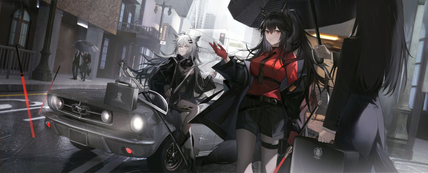 2girls 4others absurdres animal_ear_fluff animal_ears arknights bad_source bare_legs black_coat black_footwear black_hair black_jacket black_pantyhose blue_eyes boots breasts building car coat commentary day ford ford_mustang gloves grey_hair guangborexianzhengfanmang hair_between_eyes hair_ornament hairclip highres jacket lappland_(arknights) long_hair long_sleeves motor_vehicle multiple_girls multiple_others open_clothes open_jacket outdoors pantyhose penguin_logistics_logo rain red_gloves red_shirt scar scar_across_eye scar_on_face shirt shorts sidelocks sky suitcase sword tail texas_(arknights) texas_(willpower)_(arknights) umbrella weapon wide_sleeves window