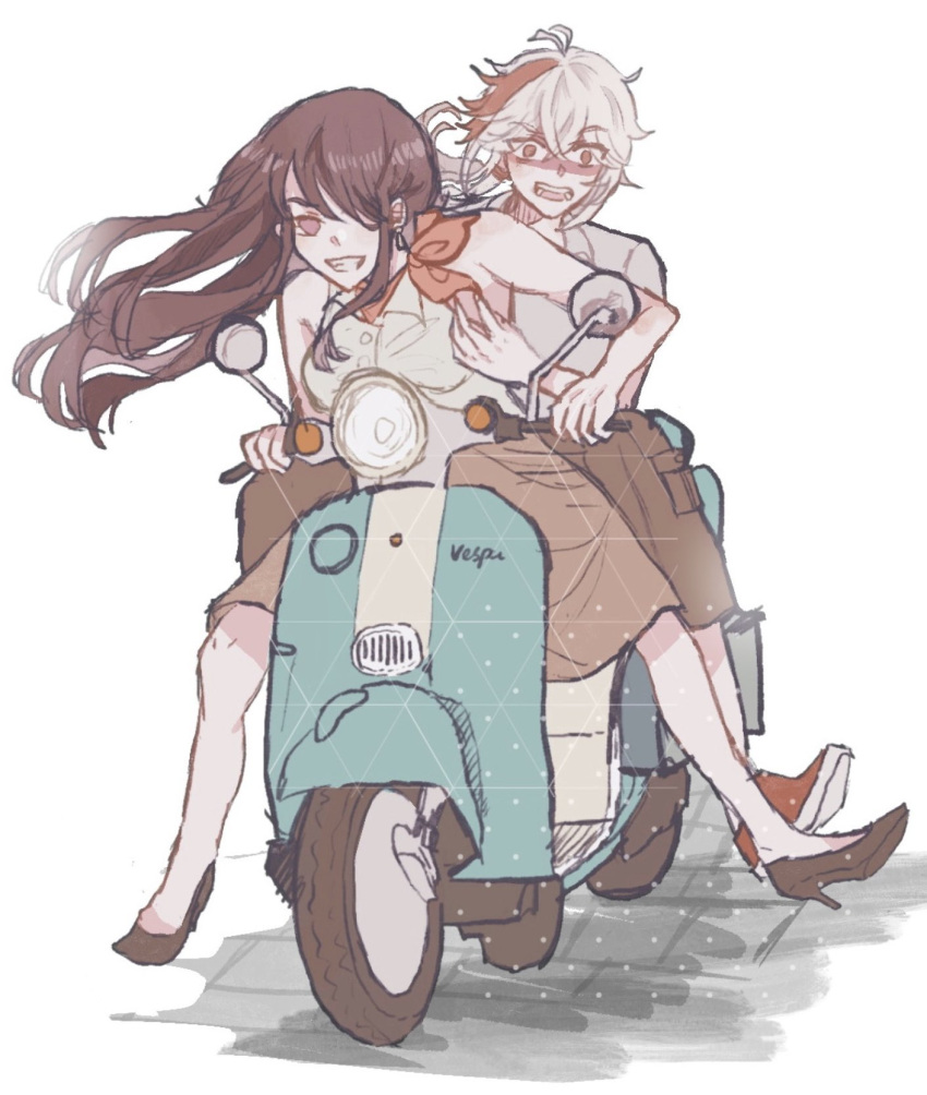 1boy 1girl beidou_(genshin_impact) brown_hair full_body genshin_impact hair_over_one_eye hetero highres kaedehara_kazuha kasep long_hair motor_vehicle red_hair scooter short_hair simple_background smile vespa white_background white_hair