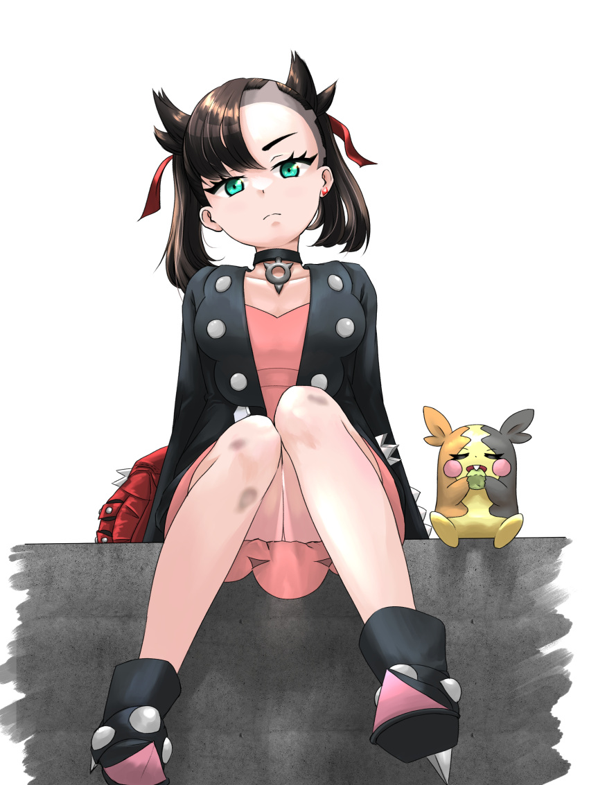 1girl absurdres asymmetrical_bangs asymmetrical_hair backpack bag bag_removed berry_(pokemon) black_choker black_footwear black_jacket boots choker closed_mouth commentary_request dress eyelashes frown green_eyes hair_ribbon highres jacket knees_together_feet_apart looking_down marnie_(pokemon) morpeko morpeko_(full) pink_dress pokemon pokemon_(game) pokemon_swsh red_bag red_ribbon rewan ribbon sitting