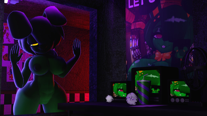 3d_(artwork) against_surface animatronic anthro areola behind_glass beverage big_breasts big_butt bigdogenzo blender_(software) bonnie_(cally3d) breasts butt checker_pattern clover_(zeesfm) container cup digital_media_(artwork) english_text fan_character female five_nights_at_freddy's genitals glass glowing glowing_eyes green_body hair hair_over_eye half-closed_eyes hi_res lagomorph leporid looking_at_viewer machine mammal narrowed_eyes nipples nude one_eye_obstructed pussy rabbit robot scott_cawthon scottgames solo solo_focus standing television text thick_thighs window zeesfm
